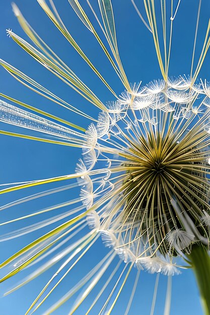 Beautiful dew drops on a dandelion seed macro Beautiful blue background Large golden dew drops