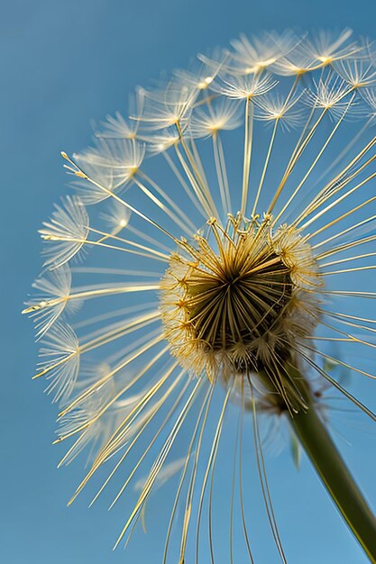 Beautiful dew drops on a dandelion seed macro Beautiful blue background Large golden dew drops