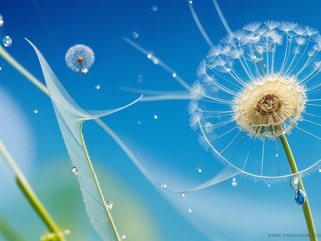 Photo beautiful dew drops on a dandelion seed macro beautiful blue background