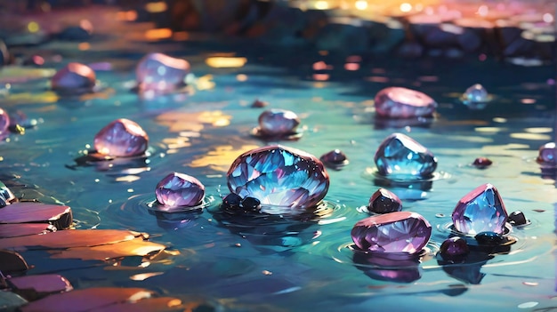 아름다운 다이아몬드 크리스탈 돌 보석이 강 위에 떠다니고
