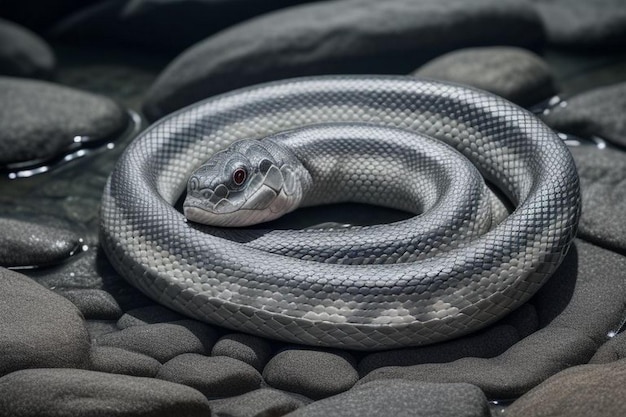 A beautiful Diamondback Water Snake coiled on the shore of a Kansas wetland