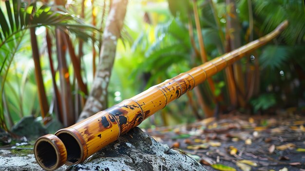 Foto un bellissimo didgeridoo fatto di bambù poggiato su una roccia in una foresta lussureggiante