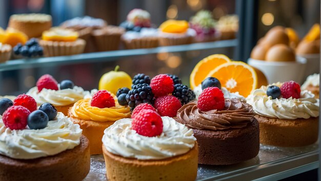 beautiful different cakes with berries on display