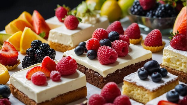 beautiful different cakes with berries on display