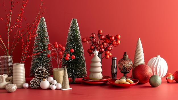 Beautiful different Christmas decorations on a red table minimalist decoration Generative Ai