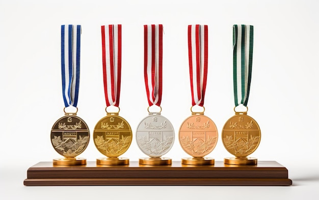 Photo beautiful different medals of silver and gold are hanging 3d character isolated on white background