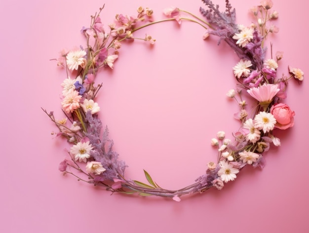 Beautiful Different small flowers in a wreath on pink background with copy space Generative AI image weber