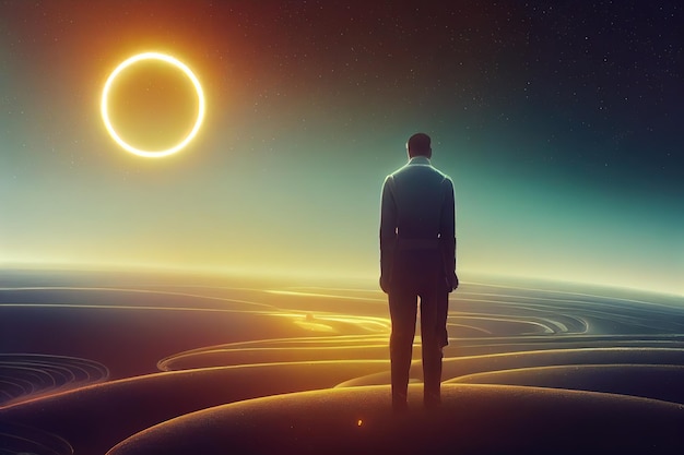 A beautiful digital artwork portrait of a futuristic man\
standing in a field looking at the planet with giant rings scifi\
scene digital art style digital painting