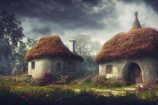 A Beautiful digital artwork of the small medieval fantasy garden house in a town Digital art style illustration painting