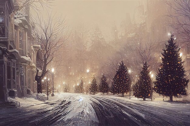 A Beautiful digital artwork of Snowy street with Christmas trees and lights digital art style illustration painting