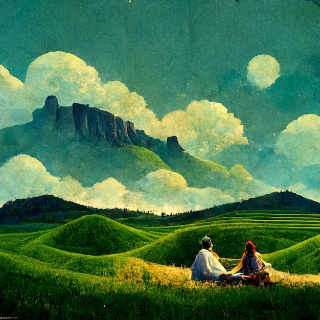 芝生のフィールドの周りの空の山を見て、緑の芝生のフィールドに横たわっているカップルの美しいデジタル イラスト