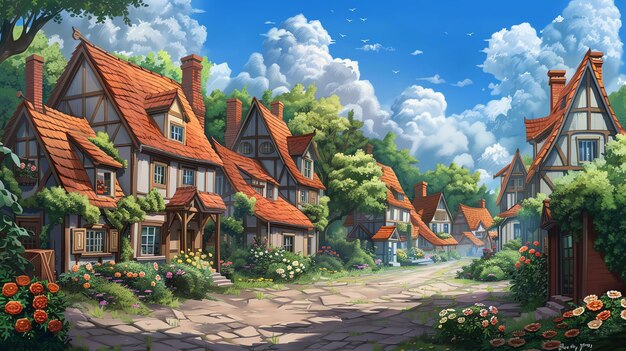 A beautiful digital painting of a quaint little village The cottages have red roofs and the streets are made of cobblestone