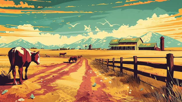Foto un bellissimo dipinto digitale di un paesaggio rurale l'immagine presenta un grande fienile un mulino a vento e alcune mucche che pascolano in un campo verde lussureggiante