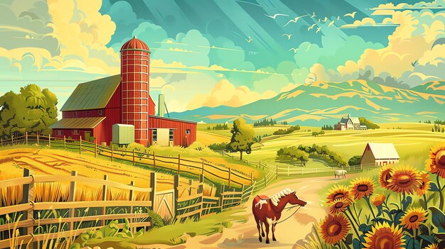 A beautiful digital painting of a rural landscape The image features a red barn a silo and a horse grazing in a field of sunflowers