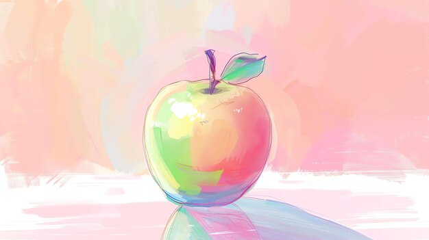 Photo a beautiful digital painting of a shiny apple the apple is a gradient of green yellow orange and pink the stem and leaf are green