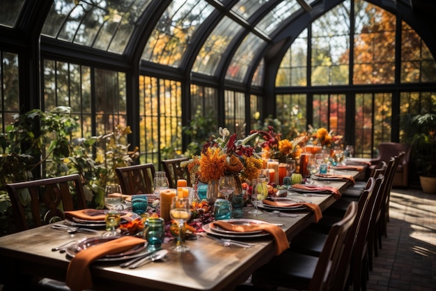 Beautiful dinner room with long table dish set and flower