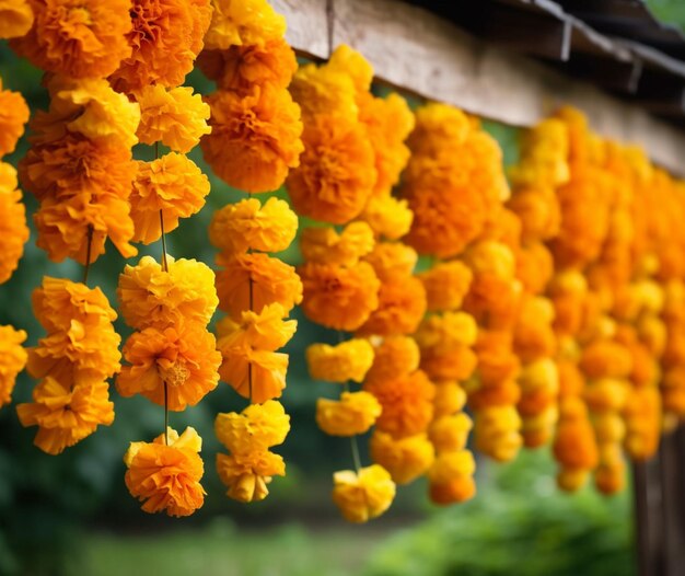 A beautiful display of marigold flower garlands