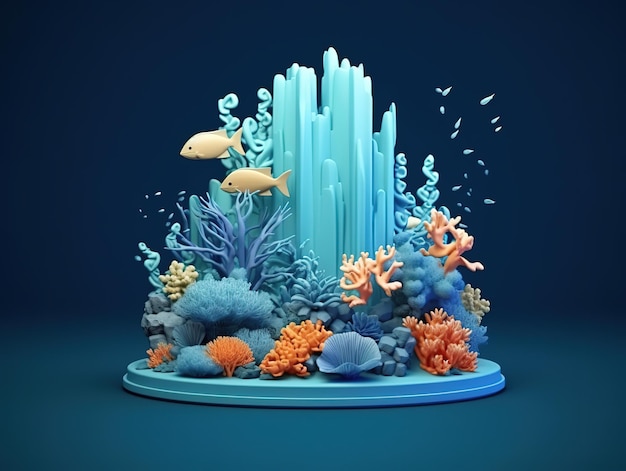 Beautiful display podium with aqua life corals and fish ocean life concept abstract display