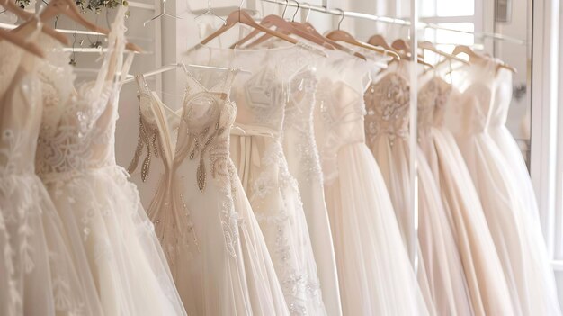 A beautiful display of wedding dresses in a bridal boutique The dresses are all different styles from classic and traditional to modern and trendy