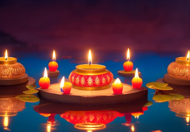 A beautiful Diwali background with candle lamps and temple pond ai generated