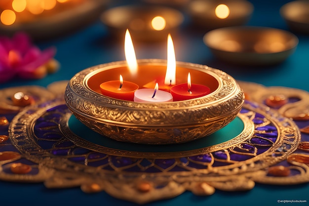 Beautiful diwali diya with burning candles on blue background