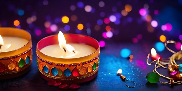 Beautiful Diwali Diya with burning candles on blue background