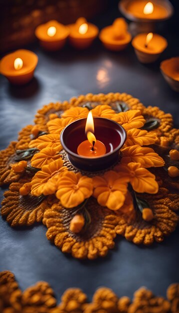 Beautiful diwali diya with burning candles on dark background