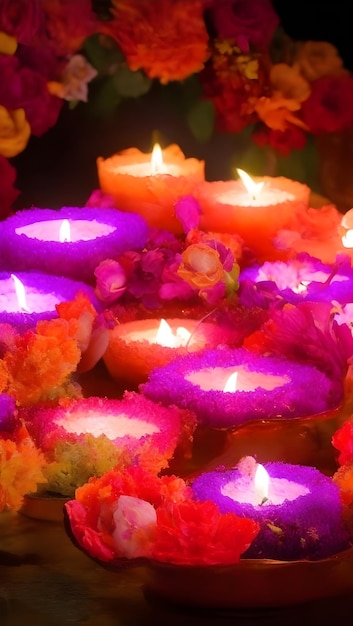 Foto bella diwali diya con candele accese