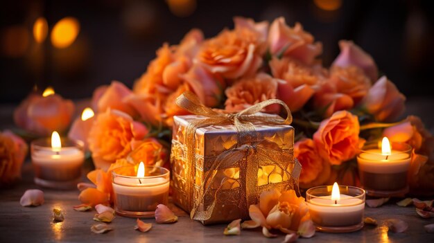 Beautiful diwali diyas with gift and flowers Happy Diwali