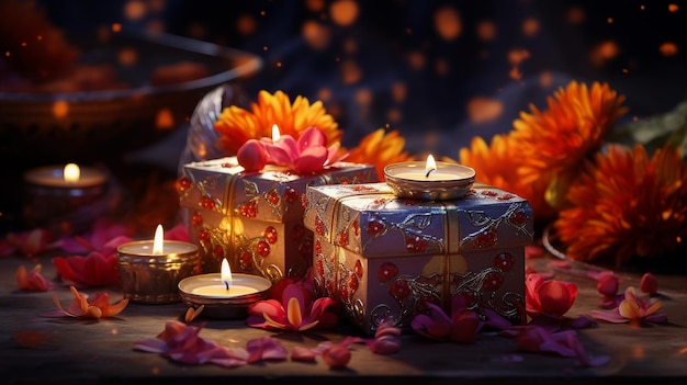 Beautiful diwali diyas with gift and flowers Happy Diwali