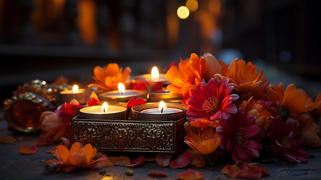 Beautiful diwali diyas with gift and flowers Happy Diwali