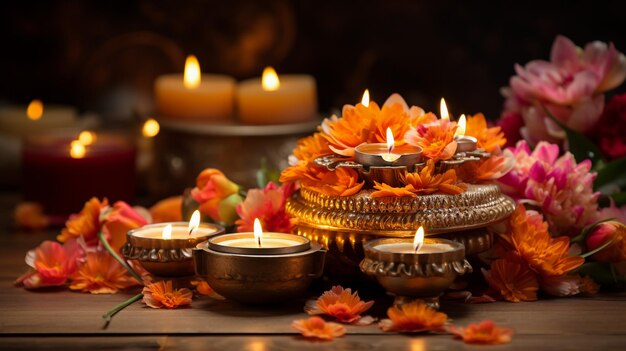 Beautiful diwali diyas with gift and flowers Happy Diwali