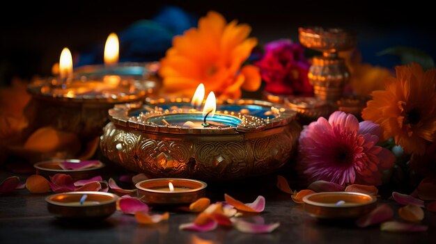 Beautiful diwali diyas with gift and flowers happy