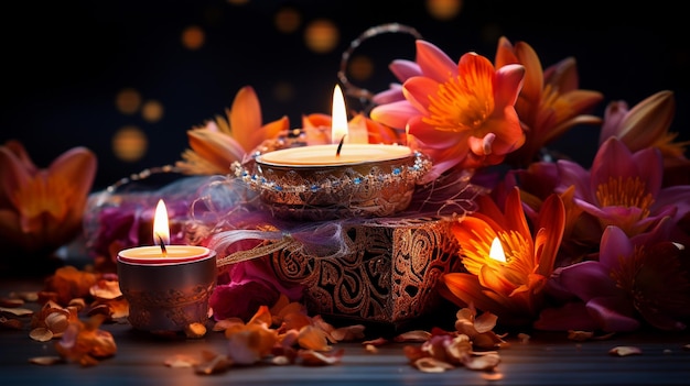 Beautiful diwali diyas with gift and flowers Happy