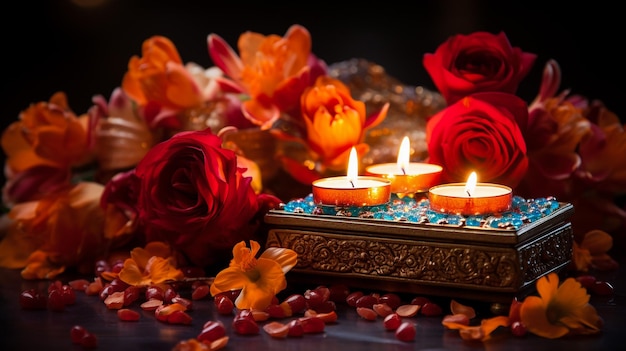 Beautiful diwali diyas with gift and flowers Happy