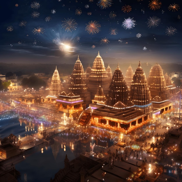 A beautiful Diwali night view of an Ayodhya temple illuminated by stunning diya lights AI Generated