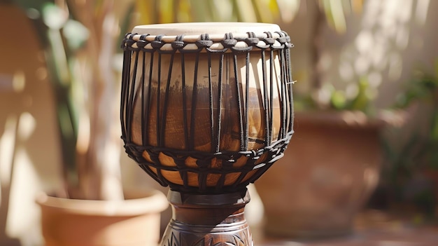 Photo a beautiful djembe drum made of wood and leather with a rope handle the drum is decorated with intricate carvings and has a warm rich sound