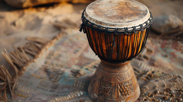 Photo a beautiful djembe drum sits on a colorful carpet in the desert the drum is made of wood and has intricate carvings on its body