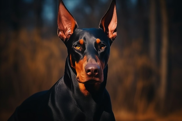A beautiful Doberman dog on a beautiful natural background A dog in the park on a walk AI Generate