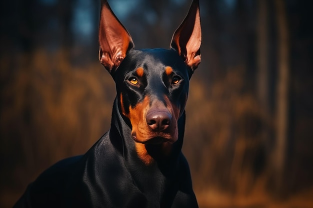 美しい自然の背景にある美しいドーバーマン犬 公園で散歩している犬 AI生成