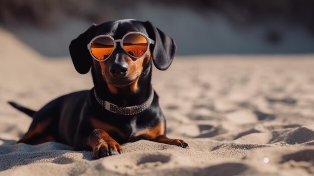 Beautiful dog of dachshund black and tan buried in the sand at the beach sea Generative AI