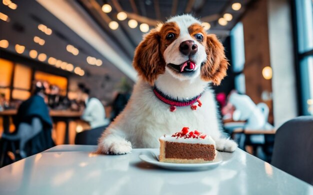 美しい犬がケーキを食べている