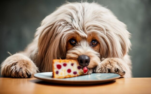 a beautiful dog is eating pizza