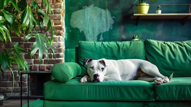 Foto bellissimo cane sdraiato sul divano verde in un elegante loft interno con divano verde design generative ai