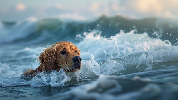 Beautiful dog swims in the sea on vacation