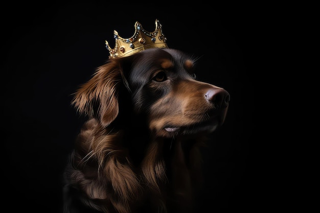 Beautiful Dog With Gold Crown On Matte Black Background Generative AI