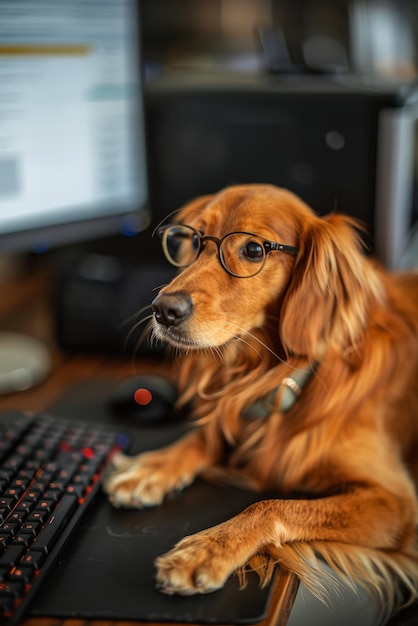 写真 ラップトップでオフィスで働いている美しい犬