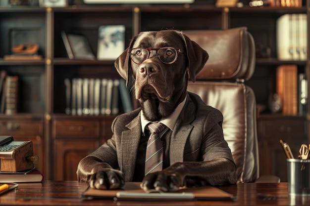 Beautiful dog working in an office with a laptop