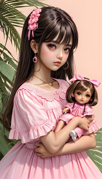 beautiful doll girl brown eyes summer pink background fashion