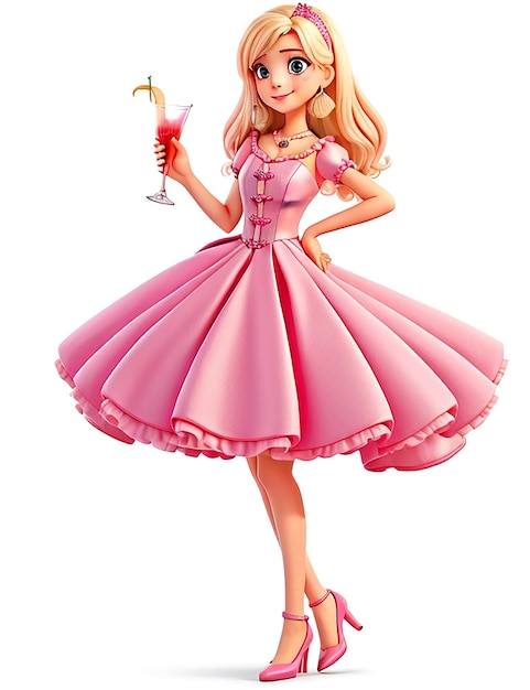 Beautiful doll girl in cocktail dress pink color pink doll